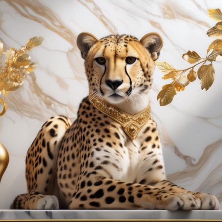 cheetah in gold jewelry on a marble background. 3d renderingの素材