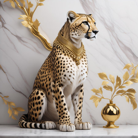 Cheetah with gold vasele background. 3d renderingの素材