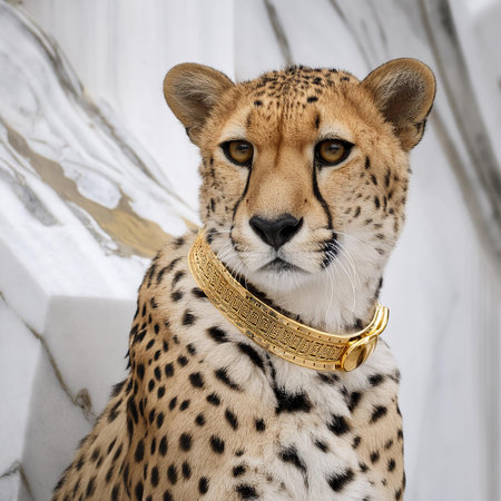 Portrait of a cheetah with a gold collar on a white backgroundの素材