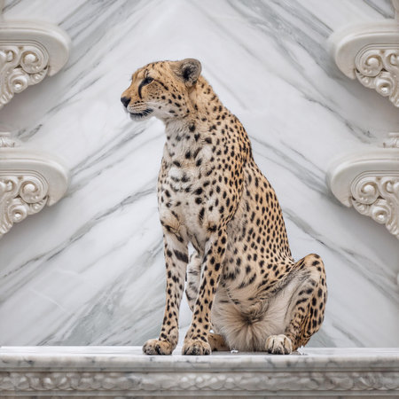 Cheetah sitting on the white marble background. Animal in the zoo.の素材