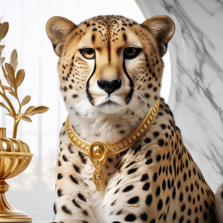 Cheetah sitting on a white marble background with gold jewelry.の素材