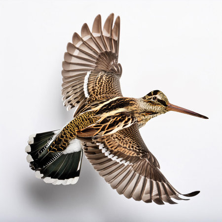Bird in flight isolated on white background. Common snipe (Gallinago gallinago).の素材
