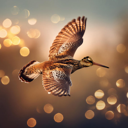 Common Snipe in flight with bokeh lights in background.の素材