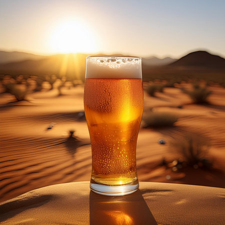 Glass of beer in the sahara desert. 3d renderingの素材
