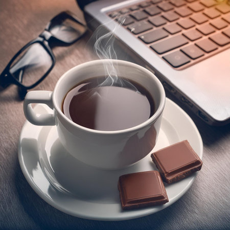 Cup of coffee with laptop and glasses on wooden tableの素材