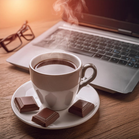 Coffee cup with laptop on wooden table, business concept.の素材