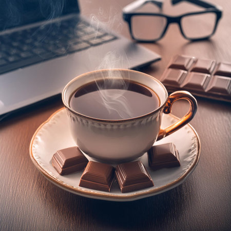 Cup of coffee with chocolate, laptop and glasses on wooden tableの素材