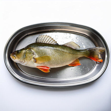 Perch in a tin can on a white background. View from above.の素材