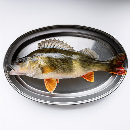 Perch fish on a metal tray on a white background, top viewの素材