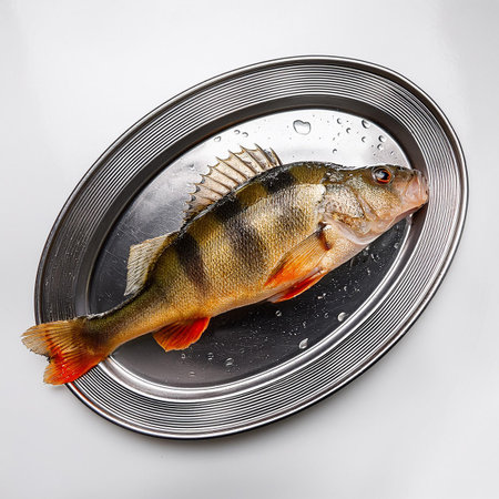 Perch on a plate with water drops on a white background.の素材