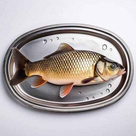 Fish carp on a metal tray on a white background. View from above.の素材