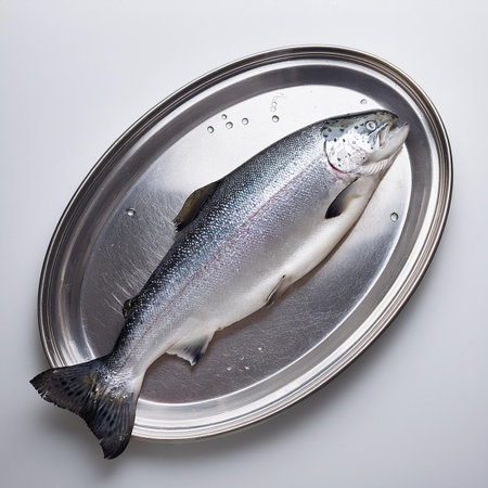 Fresh raw salmon fish on stainless steel tray isolated on white background.の素材