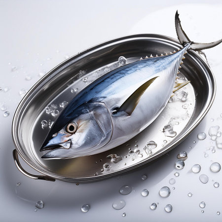 Tuna fish in a metal tray with ice on a white backgroundの素材