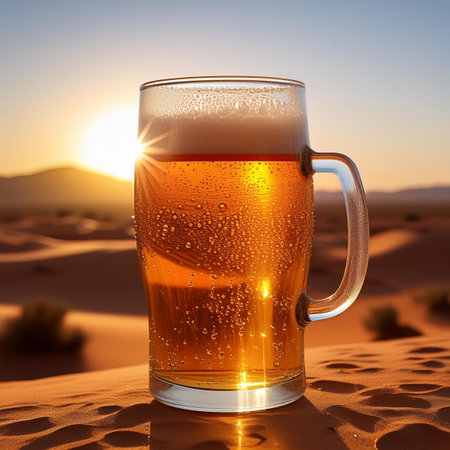 Glass of beer on the background of the sunset in the desert.の素材