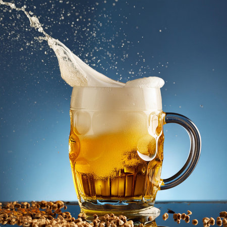 Mug of beer with splashes and drops on blue background.の素材