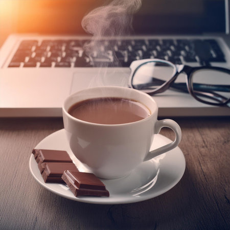 Coffee cup with laptop and glasses on wooden tableの素材