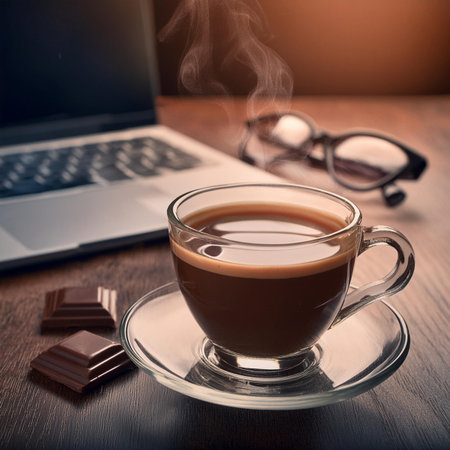 Cup of coffee with laptop and glasses on wooden tableの素材