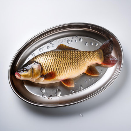 Carp fish in a metal tray with water drops on a white backgroundの素材