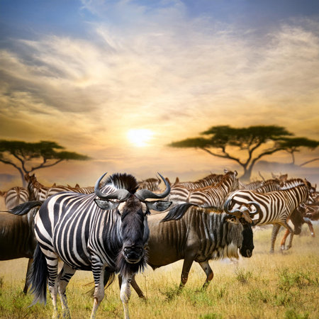 Wildebeest (Connochaetes taurinus) and zebrasの素材