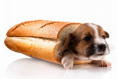 Cute puppy with a loaf of bread isolated on white background.の素材