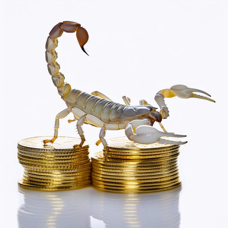 golden coins with a scorpion on a white background, business conceptの素材