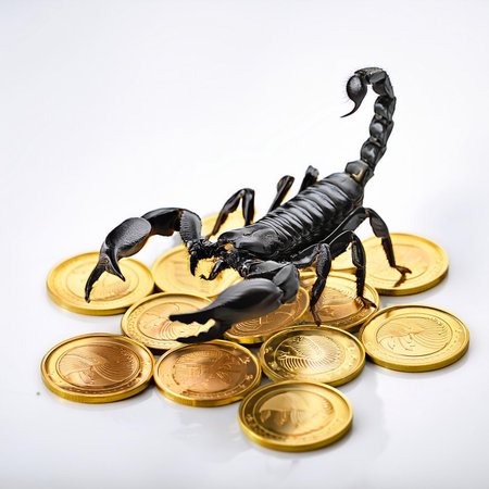 black scorpion with gold coins isolated on white background, closeupの素材