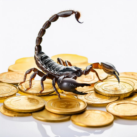 scorpion on gold coins isolated on white background with clipping pathの素材