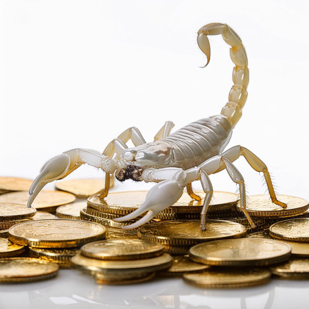 Scorpion with gold coins isolated on white background. Close up.の素材