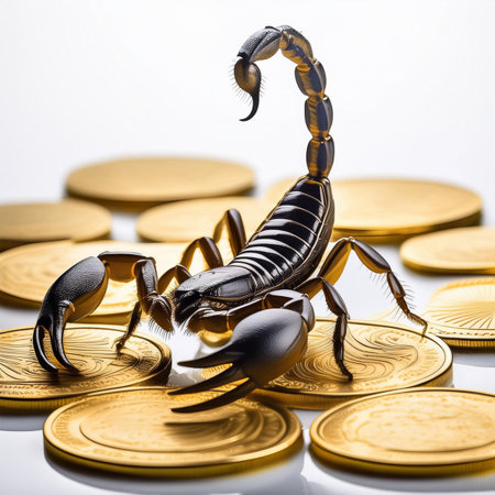 Scorpion with gold coins on white background, close-upの素材