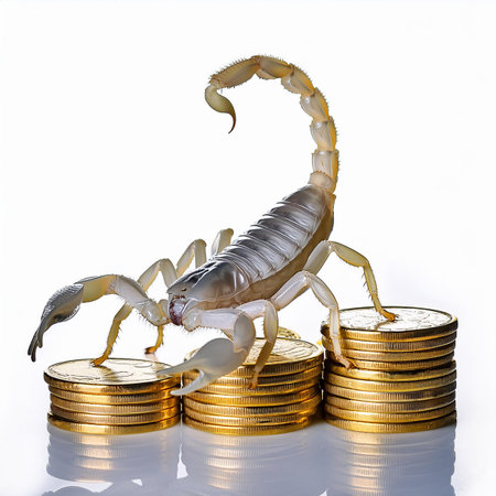 Scorpion on coins, isolated on white background, 3d illustrationの素材