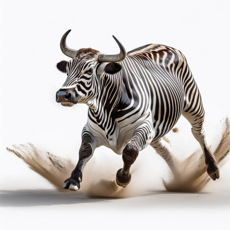 Zebra running in dust, isolated on white background, studio shotの素材