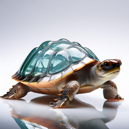 turtle on a white background. 3d render illustration with reflectionの素材