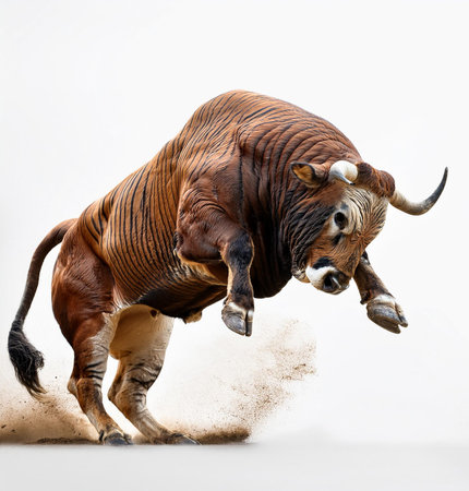 bull with big horns fighting isolated on a white background, bullfightの素材