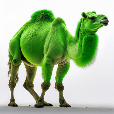 3D rendering of a green camel isolated on white background with shadowの素材