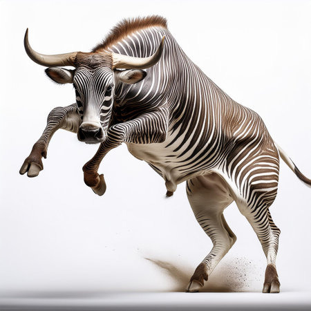 zebra jumping in dust isolated on white background with clipping path.の素材