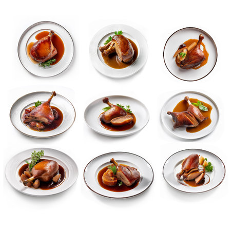 Set of four images of roasted duck legs isolated on a white backgroundの素材
