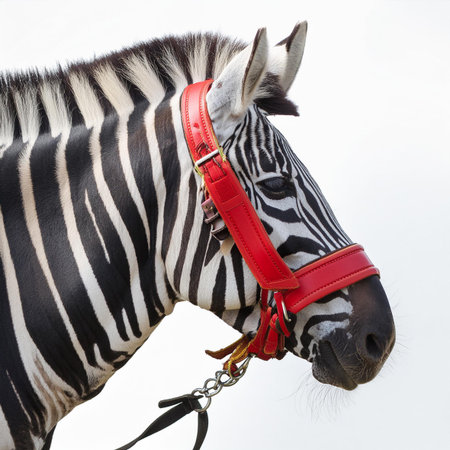 Close up of a zebra with a red belt on white backgroundの素材