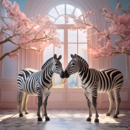 Two zebras in a room with pink cherry blossoms. 3D renderingの素材