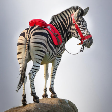Zebra with red headphones on a rock in the steppe.の素材