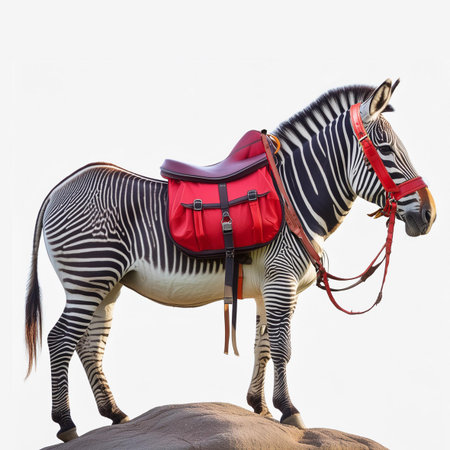 Zebra with saddle isolated on white background. 3d illustration.の素材