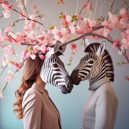 Elegant woman and zebra in a floral wreath.の素材