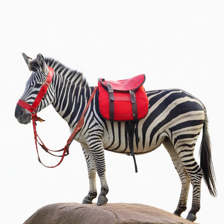 Zebra with a red backpack standing on a rock isolated on white backgroundの素材