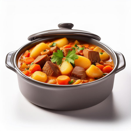 Beef stew with potatoes and carrots in a pan on white backgroundの素材