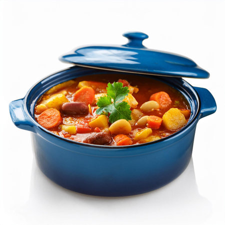 Vegetable stew in a blue ceramic pot on a white backgroundの素材