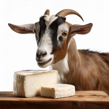 goat with cheese on a wooden board isolated on a white backgroundの素材