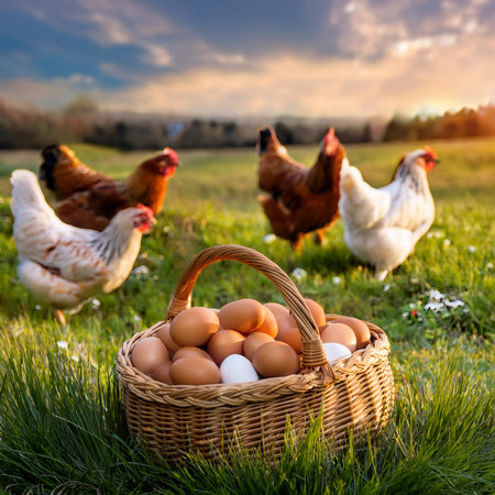 Basket with eggs and chickens on the grass in the countryside.の素材