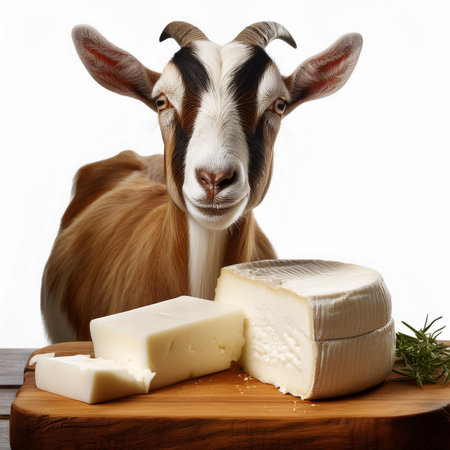 goat with cheese and rosemary on wooden board, isolated on whiteの素材