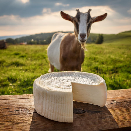 Camembert cheese and goat on a green meadow in summerの素材