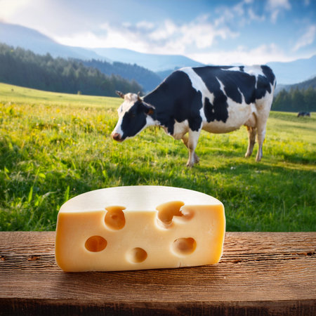 Cheese on the background of a cow on the field. Dairy products.の素材