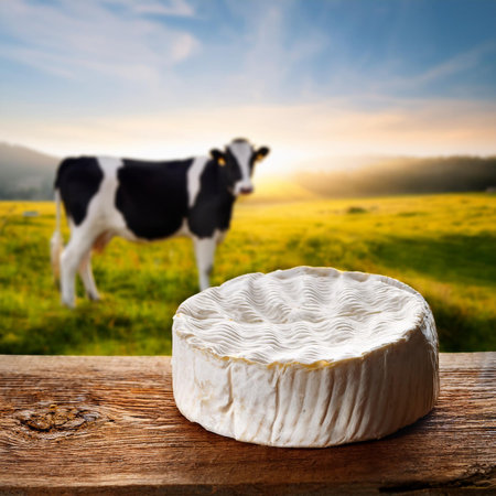 Camembert cheese on wooden table with cow in background, Franceの素材